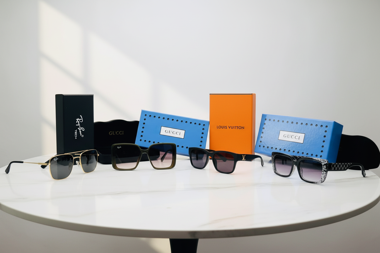 Luxury sunglasses display on white marble
